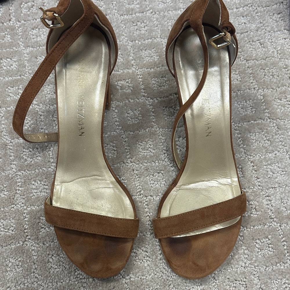 Stuart Weitzman Nudist Block 75 Tan Suede Heeled Sandals
